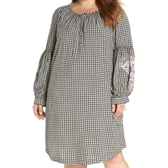 CASLON Nordstrom Wmn's black white gingham embroidered bubble sleeves dress, 1X - Picture 1 of 11